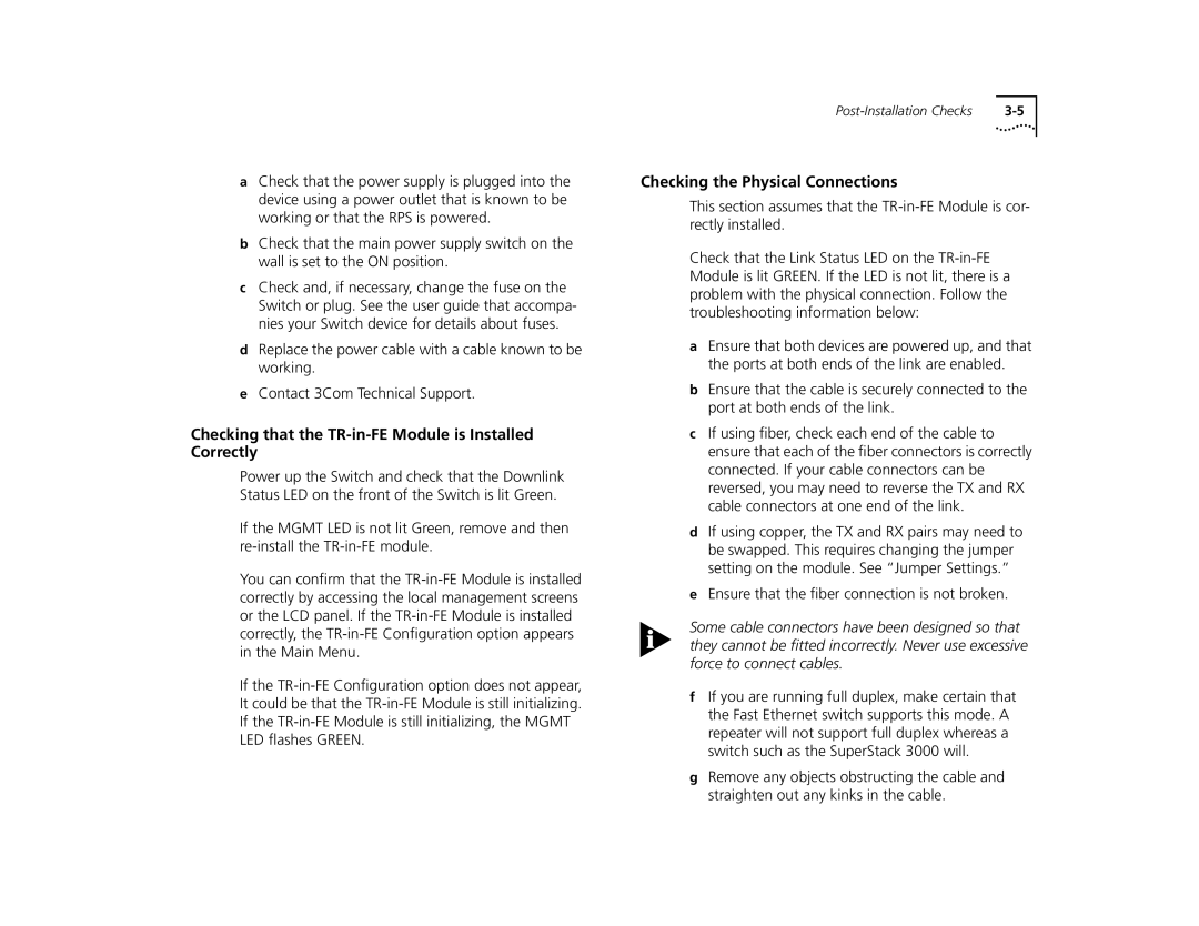 3Com 2000 TR manual Checking that the TR-in-FE Module is Installed Correctly, Checking the Physical Connections 