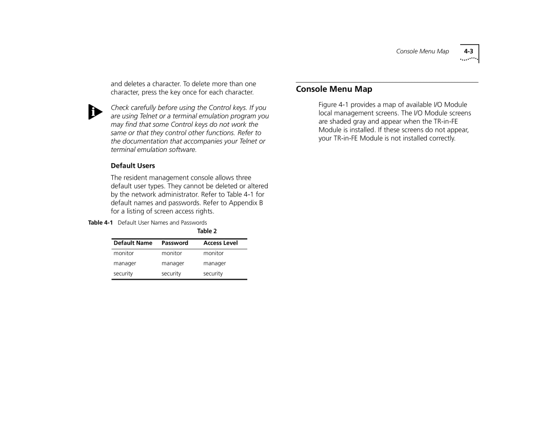 3Com 2000 TR manual Console Menu Map, Default Users, Default Name Password Access Level 