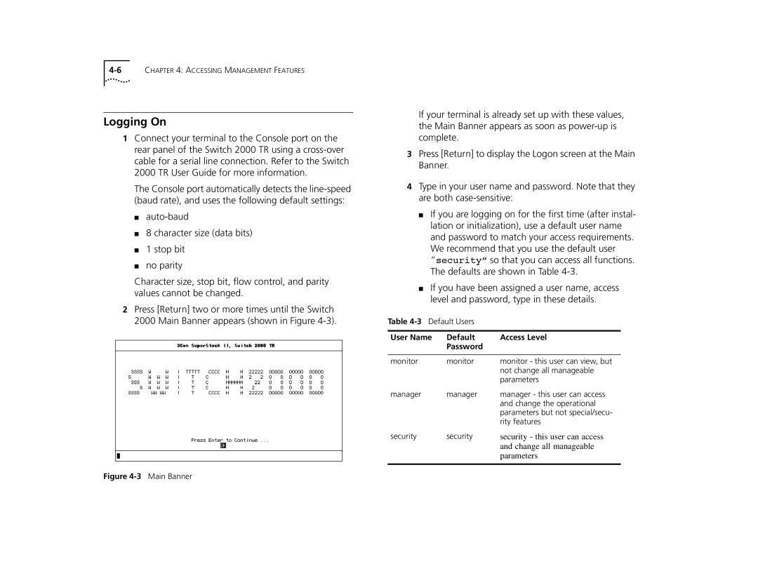 3Com 2000 TR manual Logging On, User Name Default Access Level Password 