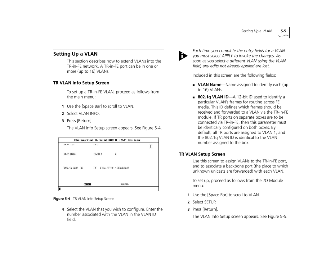 3Com 2000 TR manual Setting Up a Vlan, TR Vlan Info Setup Screen, TR Vlan Setup Screen 