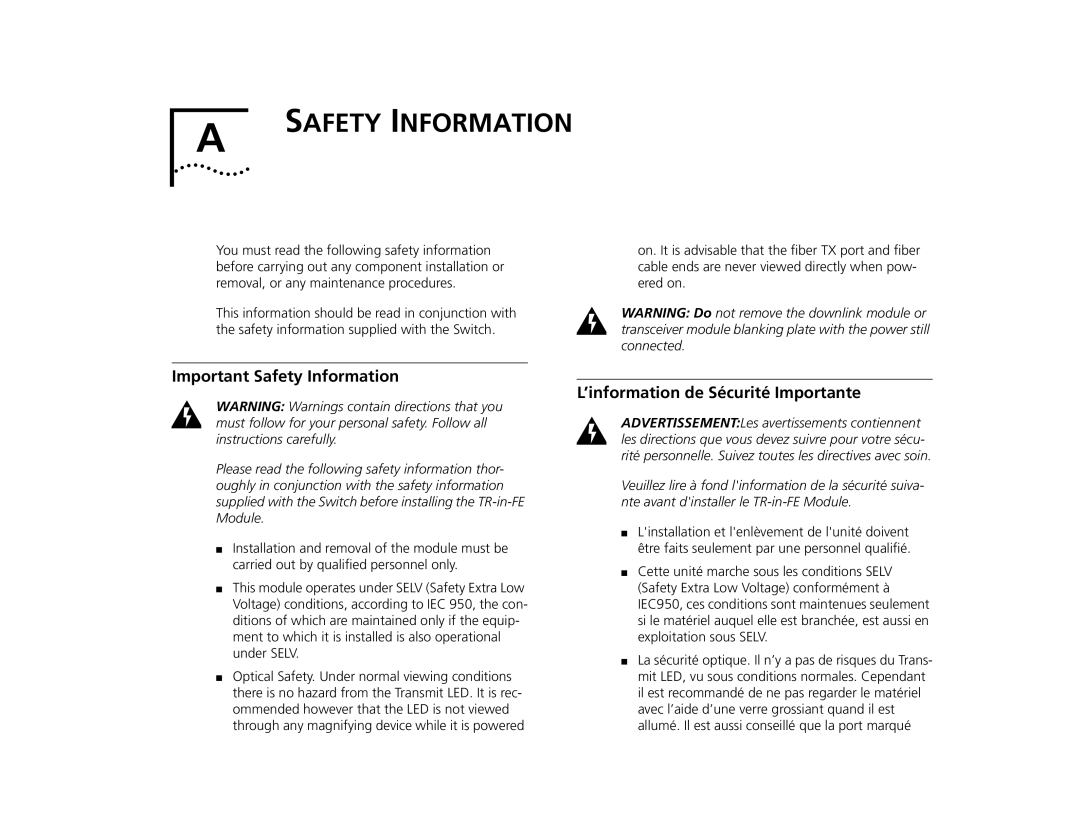 3Com 2000 TR manual Important Safety Information, ’information de Sécurité Importante 