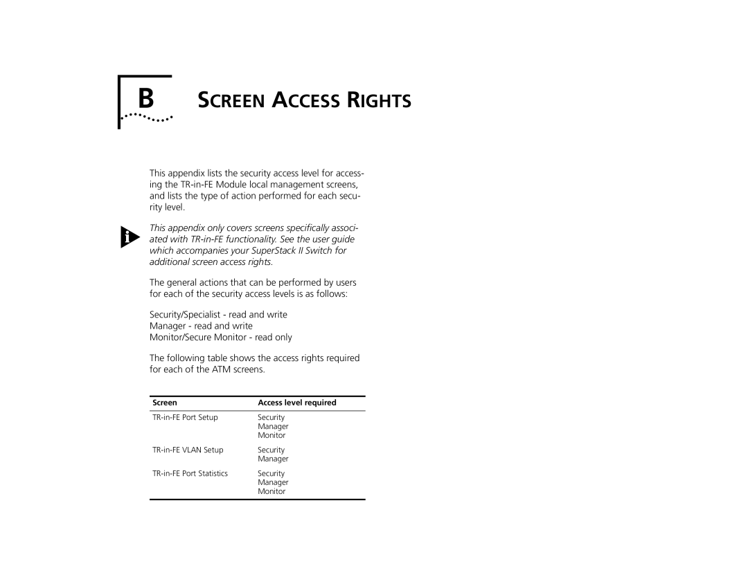 3Com 2000 TR manual Screen Access Rights, Screen Access level required 