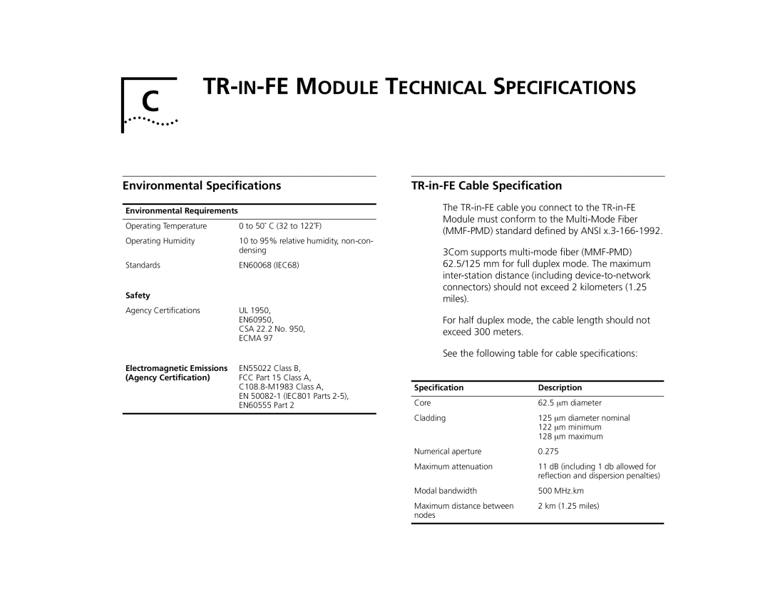 3Com 2000 TR manual TR-IN-FE Module Technical Specifications, Environmental Speciﬁcations, TR-in-FE Cable Speciﬁcation 