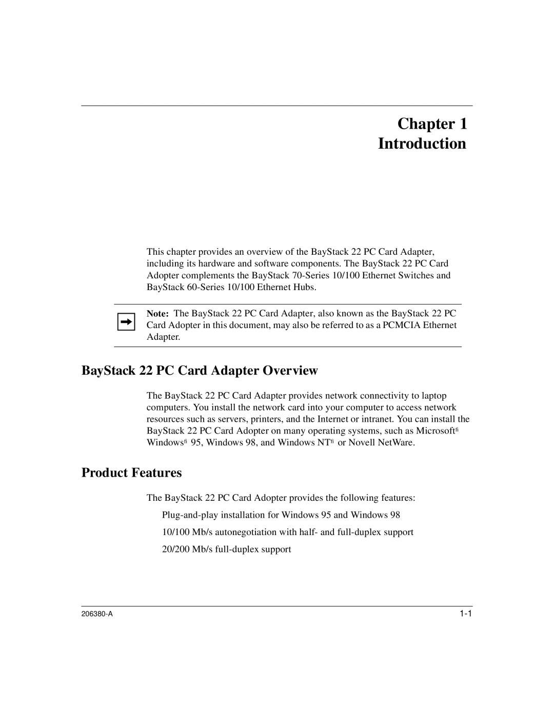 3Com 206380-A manual Chapter Introduction, BayStack 22 PC Card Adapter Overview, Product Features 