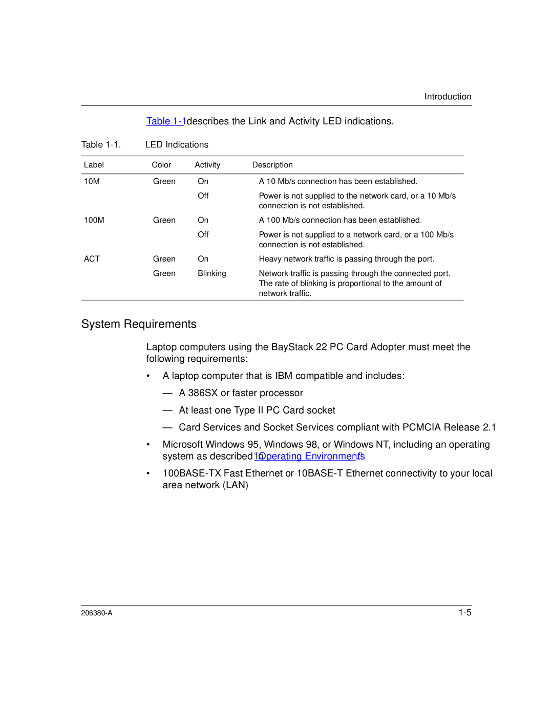 3Com 206380-A manual System Requirements, Describes the Link and Activity LED indications 