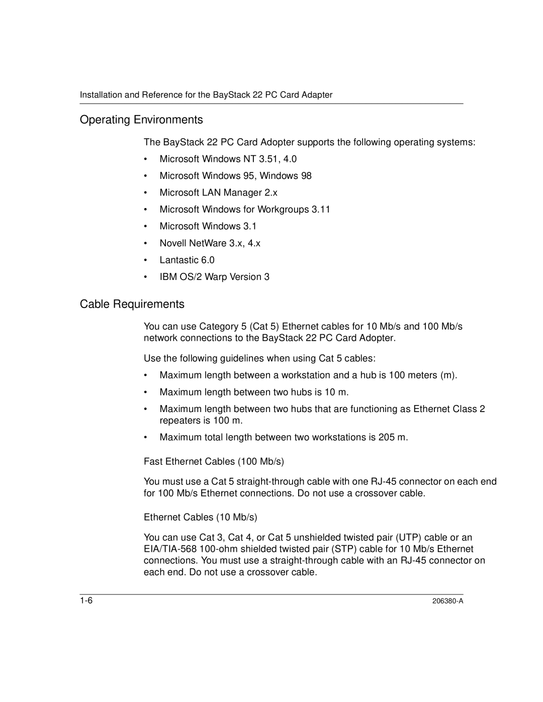 3Com 206380-A manual Operating Environments, Cable Requirements 