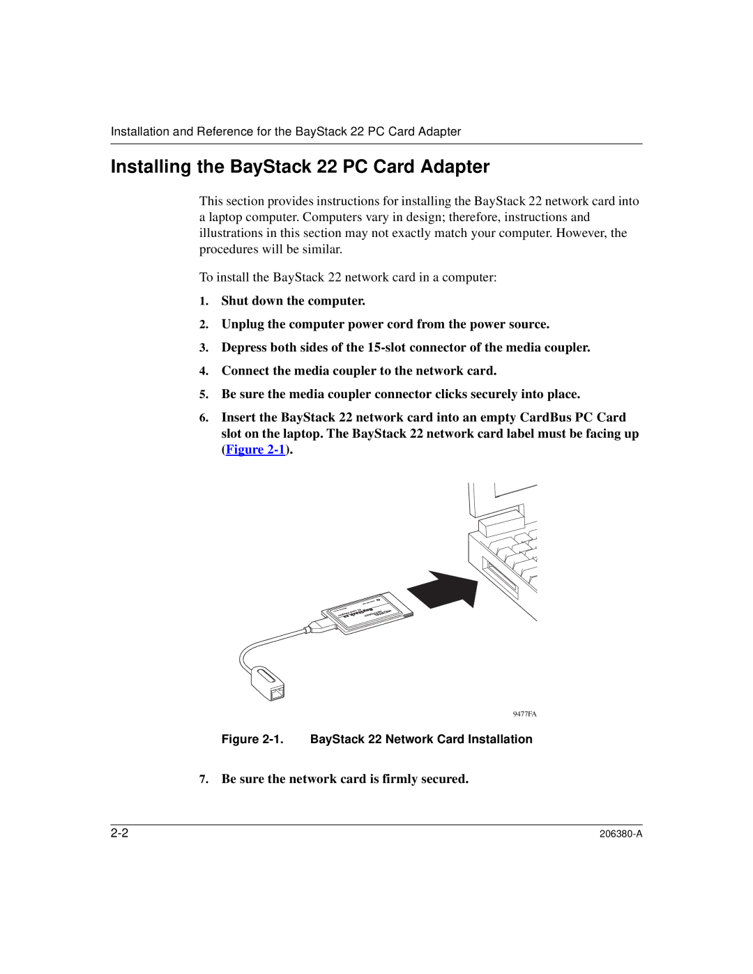 3Com 206380-A manual Installing the BayStack 22 PC Card Adapter, BayStack 22 Network Card Installation 