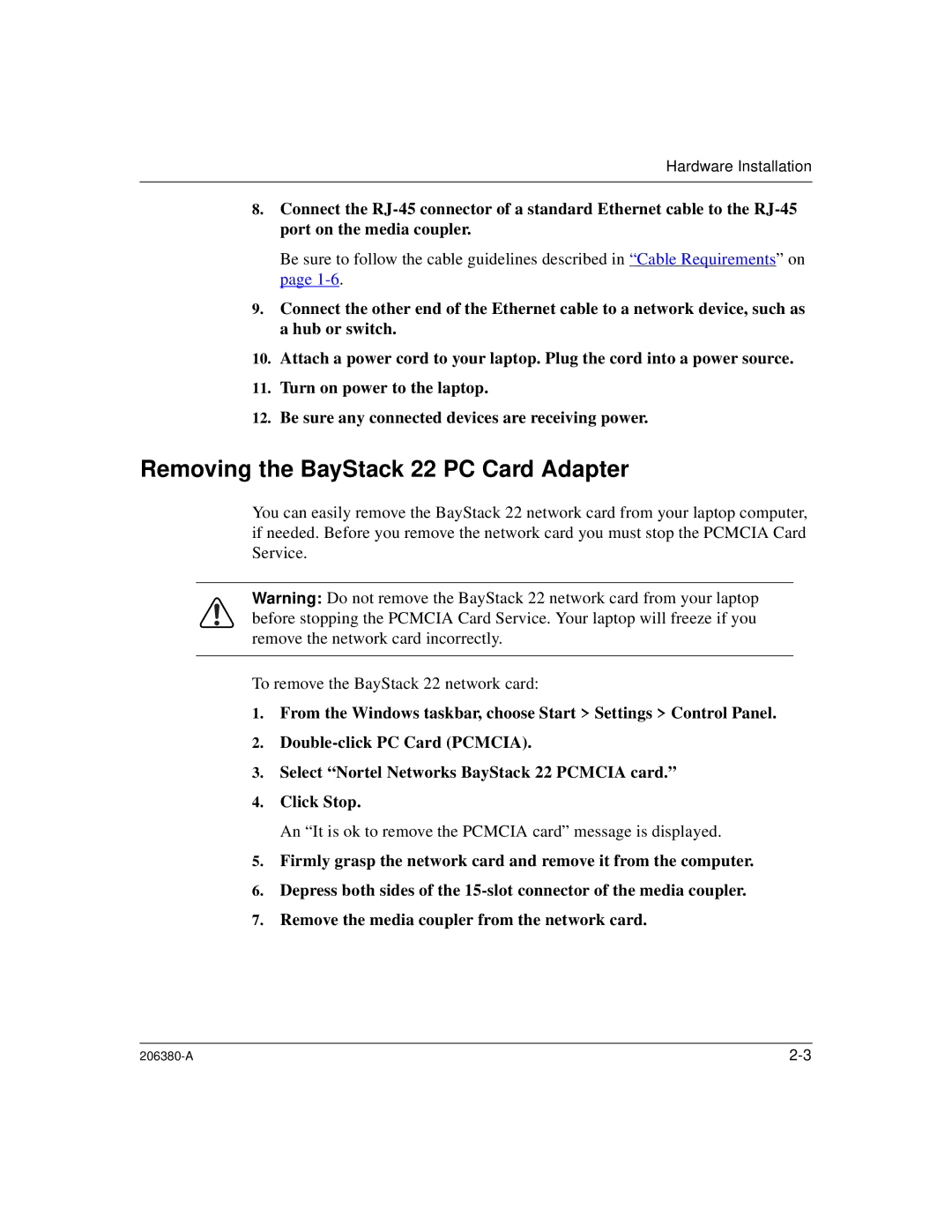 3Com 206380-A manual Removing the BayStack 22 PC Card Adapter 