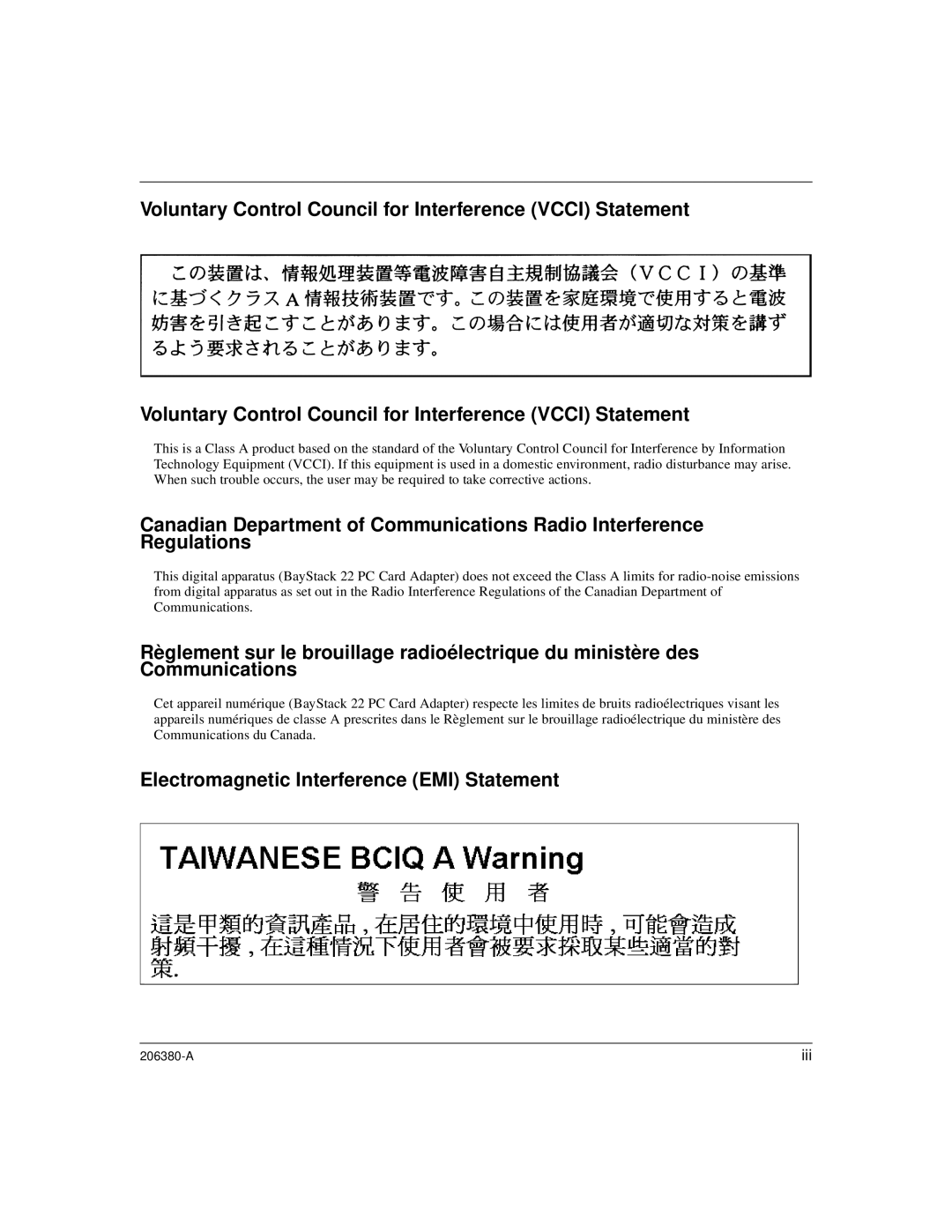 3Com 206380-A manual Voluntary Control Council for Interference Vcci Statement, Electromagnetic Interference EMI Statement 