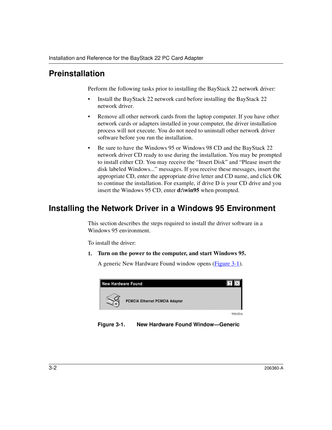 3Com 206380-A manual Preinstallation, Installing the Network Driver in a Windows 95 Environment 