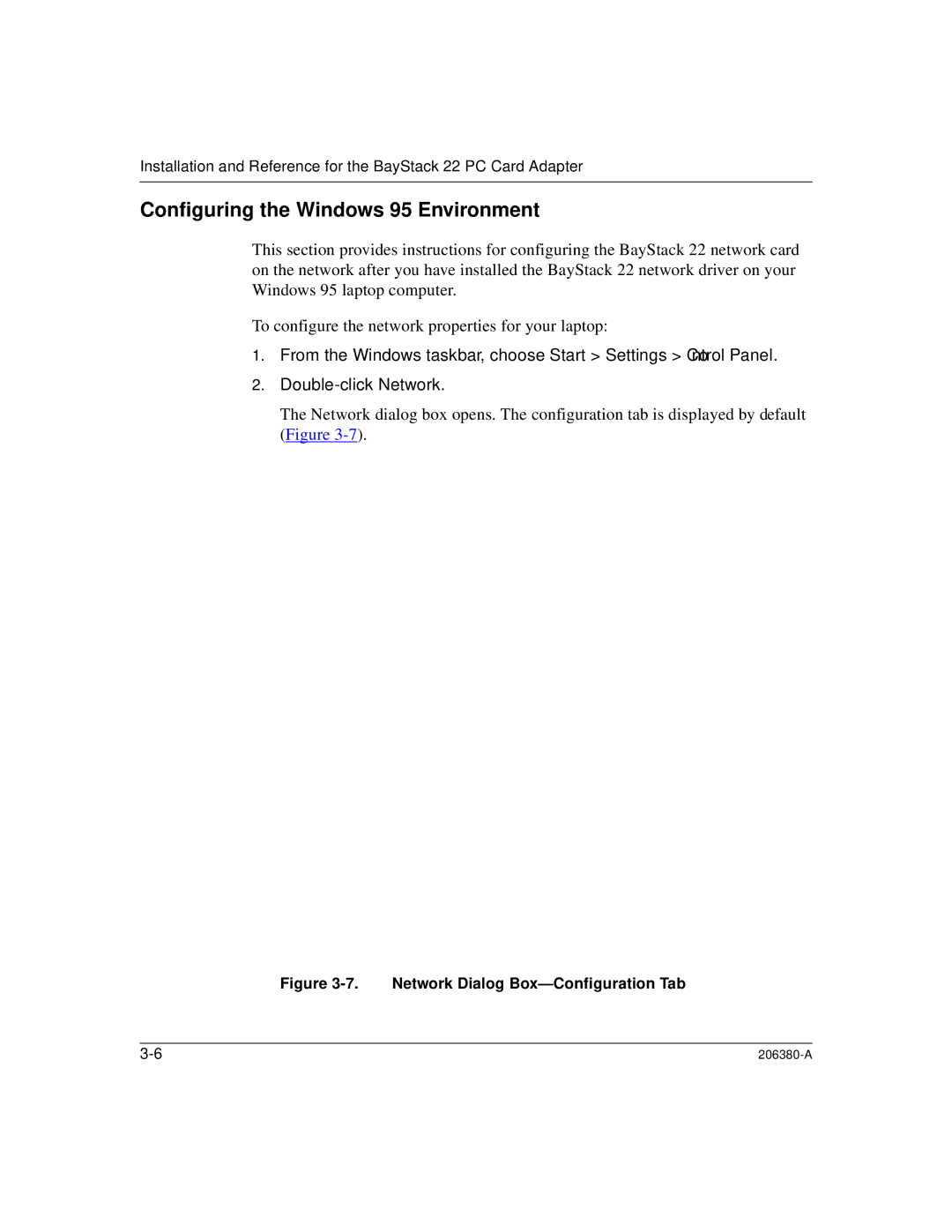 3Com 206380-A manual Configuring the Windows 95 Environment, Network Dialog Box-Configuration Tab 