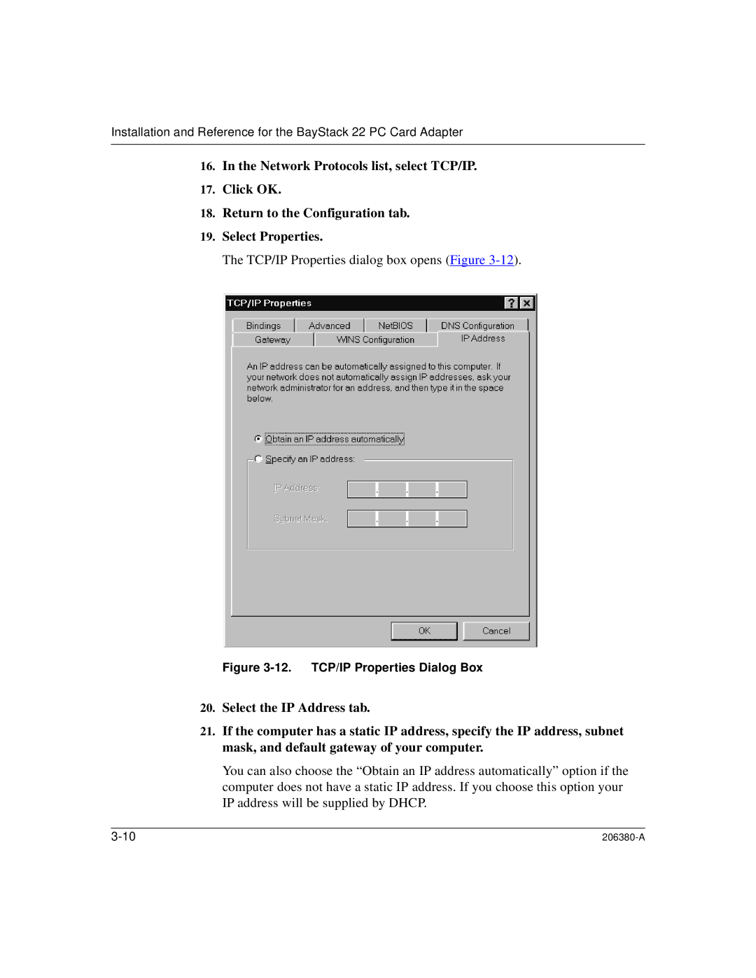 3Com 206380-A manual TCP/IP Properties dialog box opens Figure 