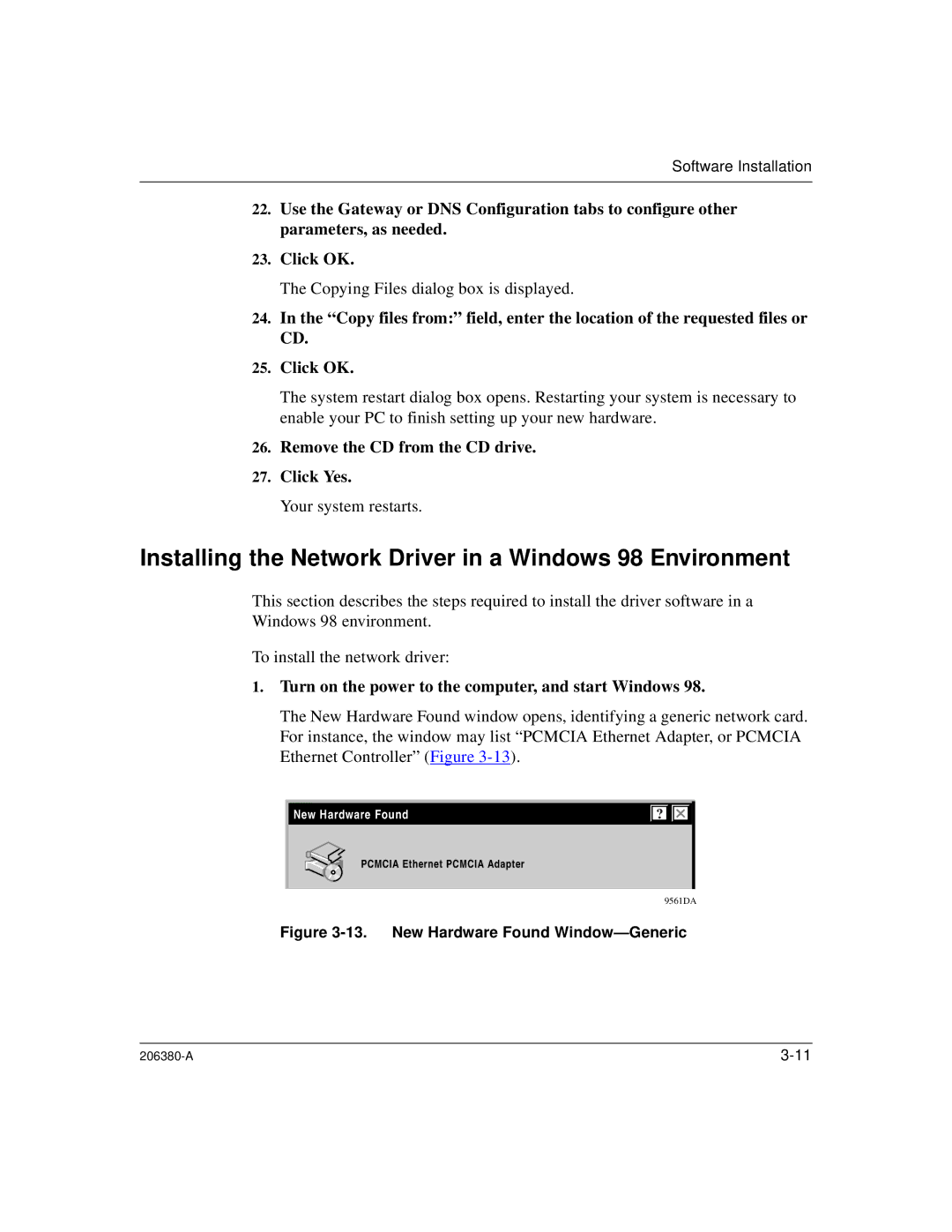 3Com 206380-A manual Installing the Network Driver in a Windows 98 Environment 