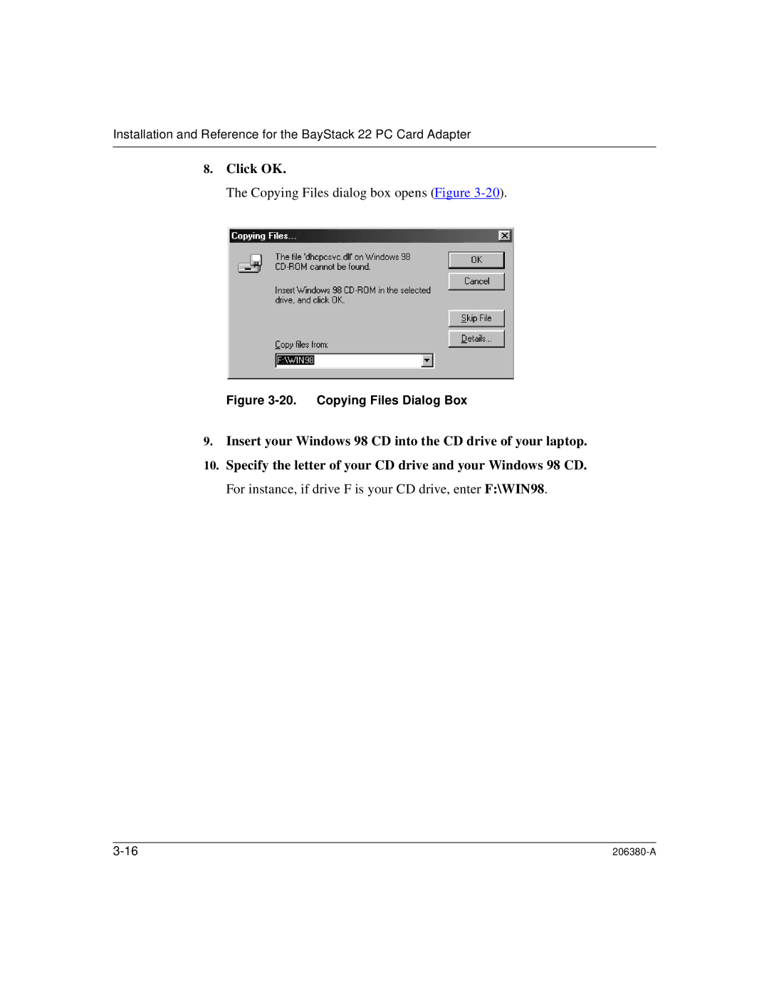 3Com 206380-A manual Copying Files Dialog Box 