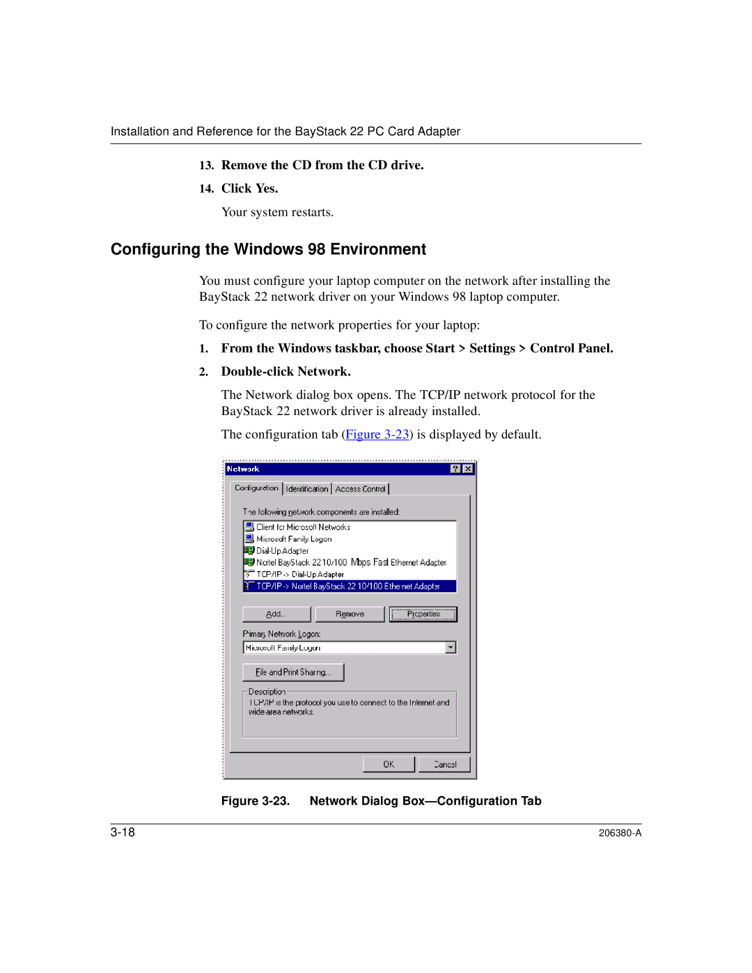 3Com 206380-A manual Configuring the Windows 98 Environment, Network Dialog Box-Configuration Tab 