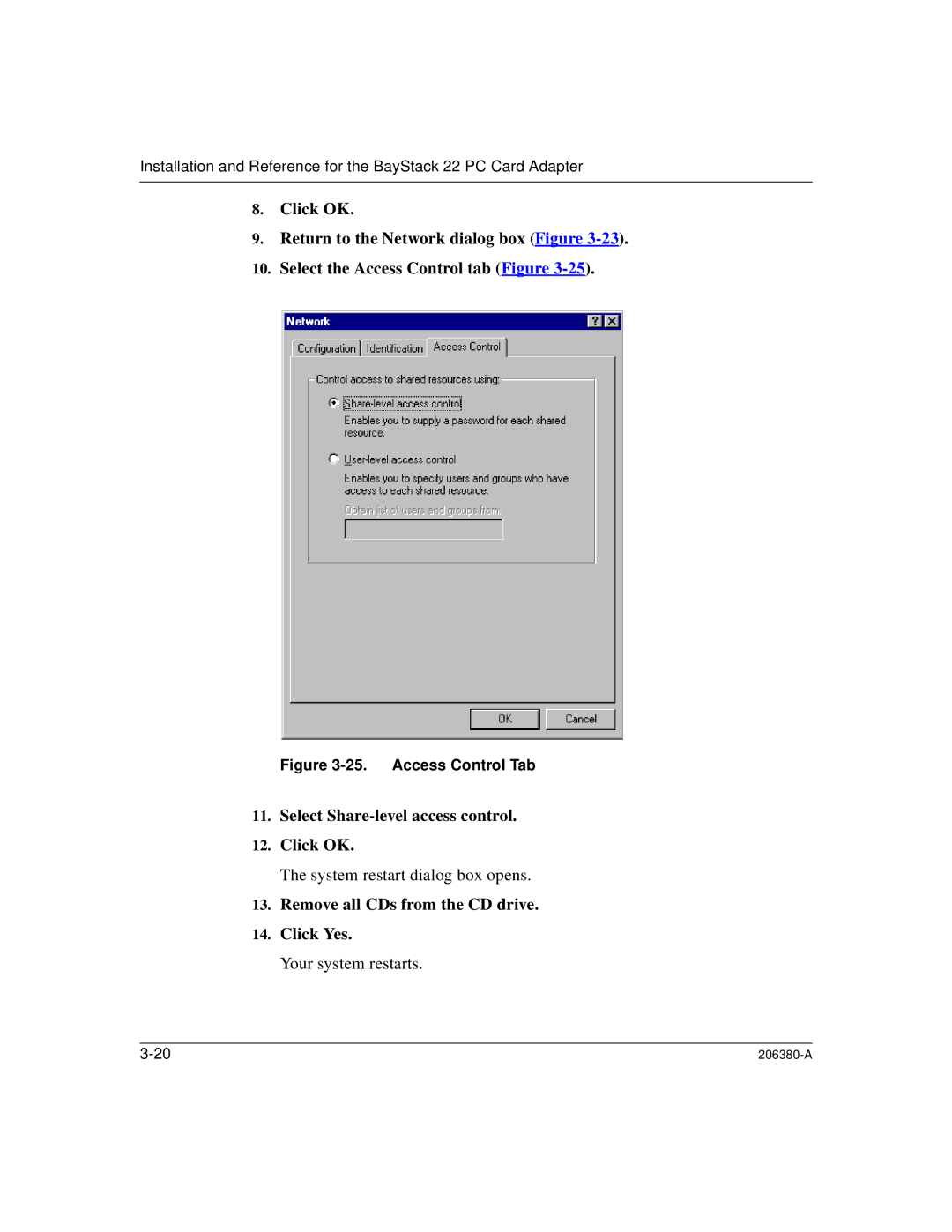 3Com 206380-A manual Select Share-level access control Click OK 