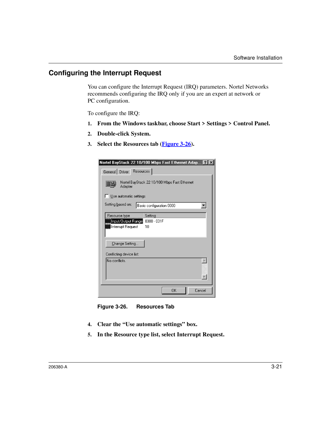 3Com 206380-A manual Configuring the Interrupt Request, Resources Tab 