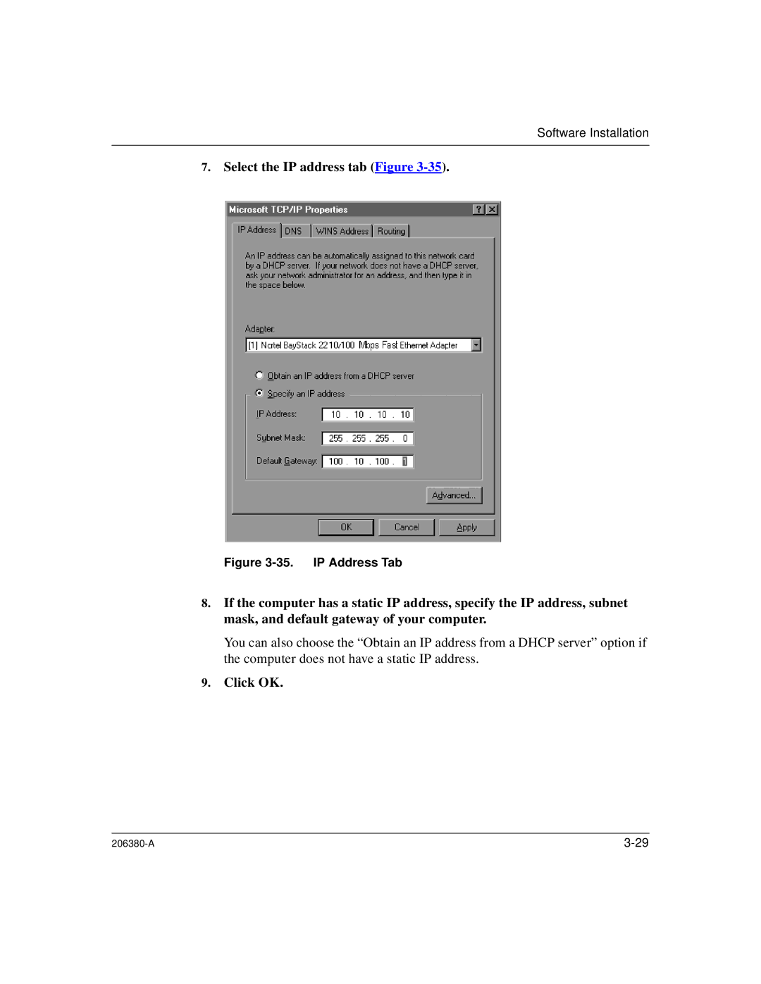 3Com 206380-A manual Select the IP address tab Figure 