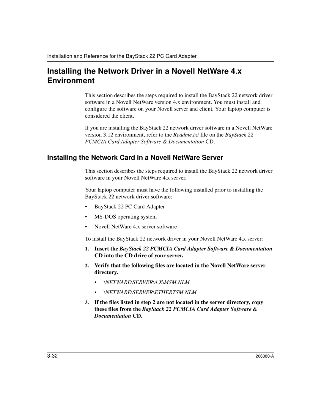 3Com 206380-A manual Installing the Network Card in a Novell NetWare Server 