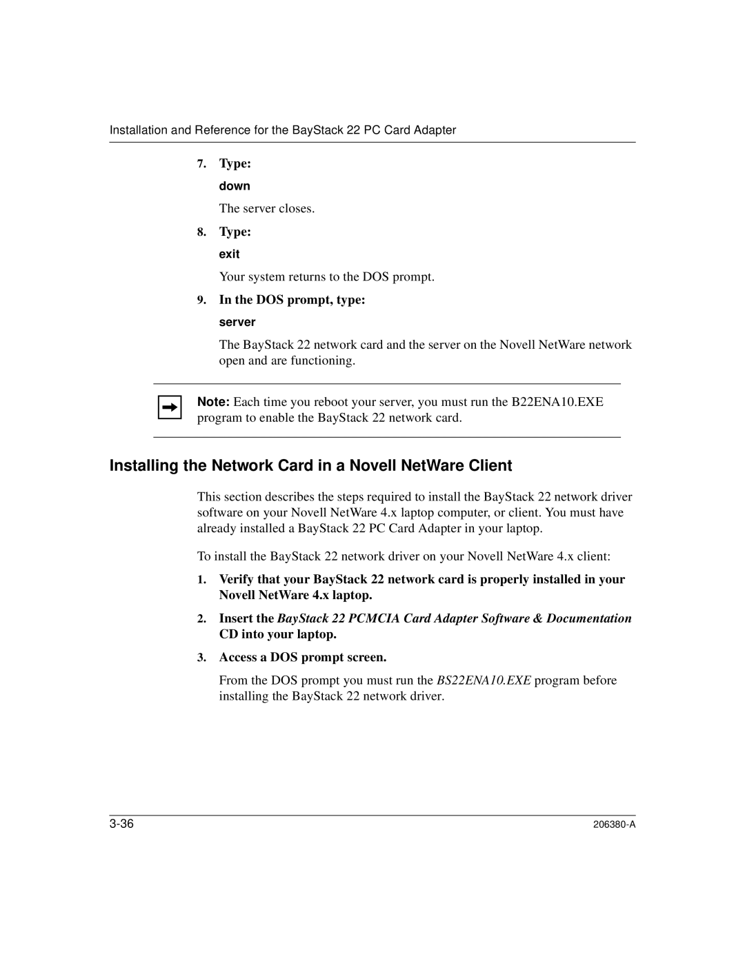 3Com 206380-A manual Installing the Network Card in a Novell NetWare Client 