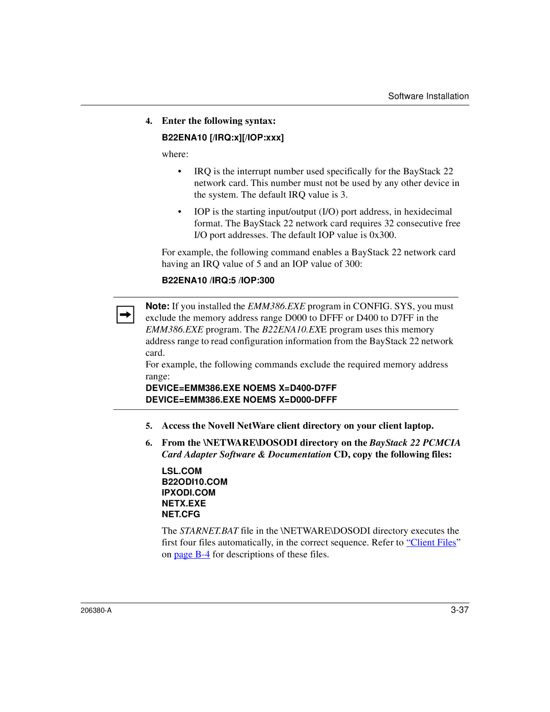 3Com 206380-A manual LSL.COM B22ODI10.COM IPXODI.COM NETX.EXE NET.CFG 