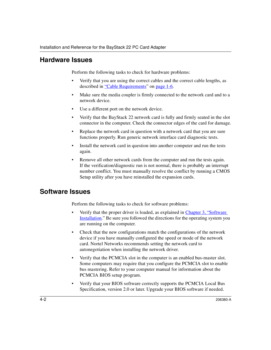 3Com 206380-A manual Hardware Issues, Software Issues 
