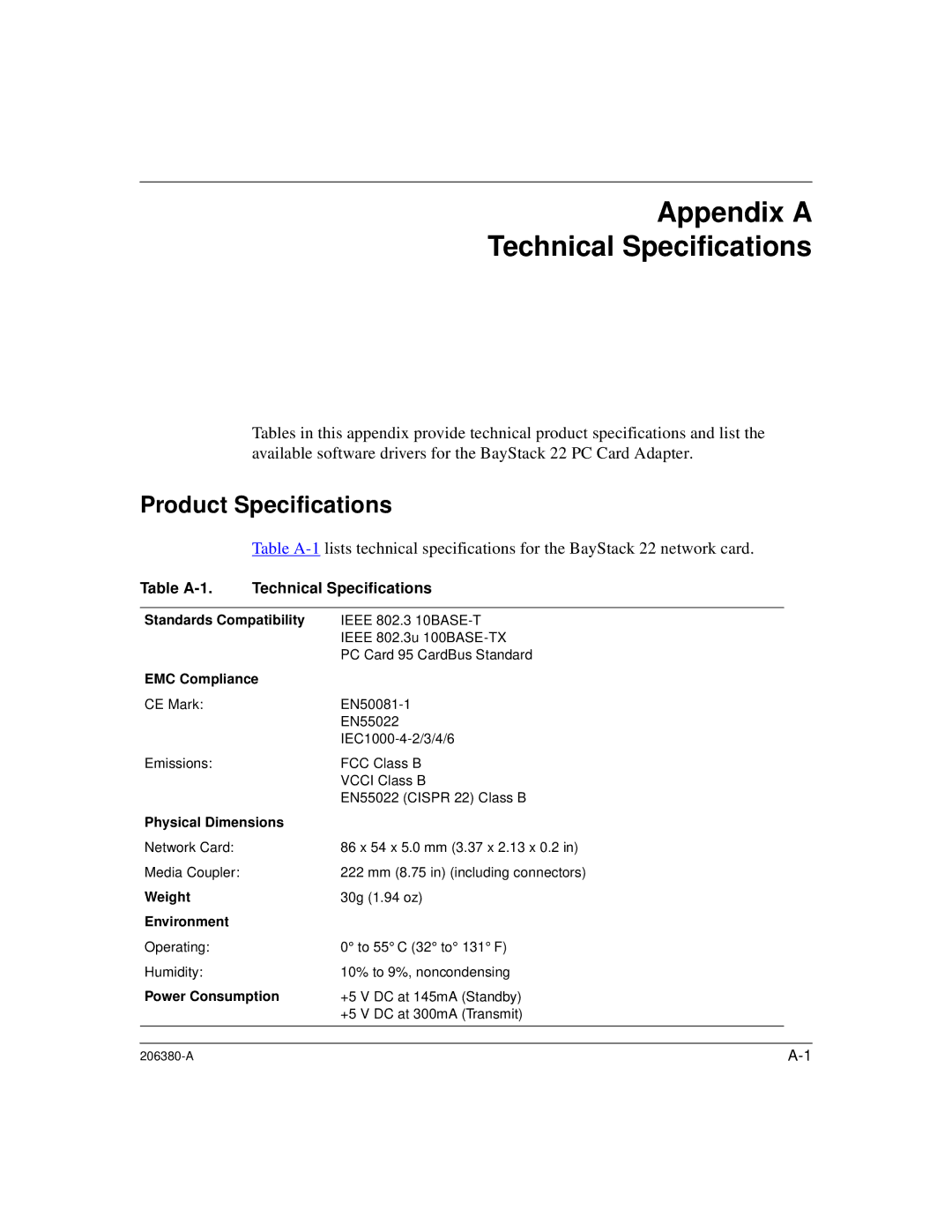 3Com 206380-A manual Appendix a Technical Specifications, Product Specifications 