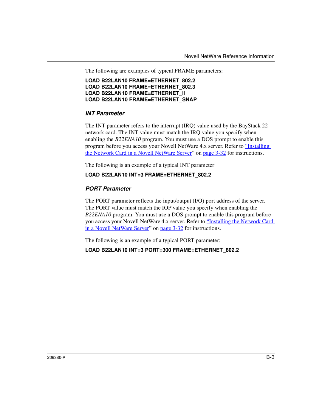 3Com 206380-A manual INT Parameter 