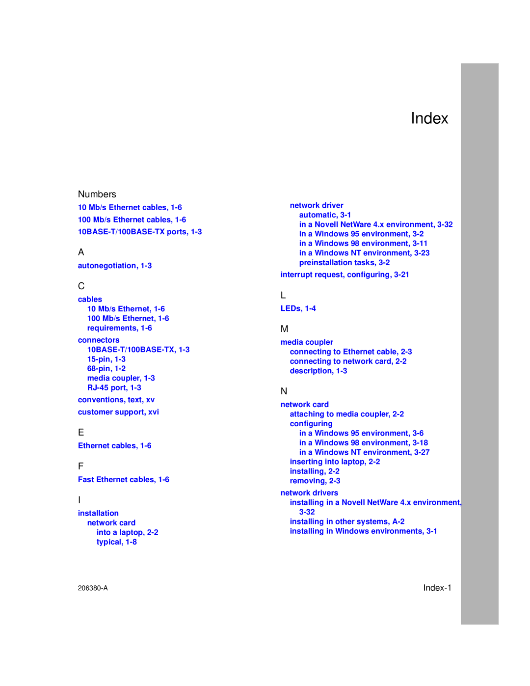 3Com 206380-A manual Index, Numbers 