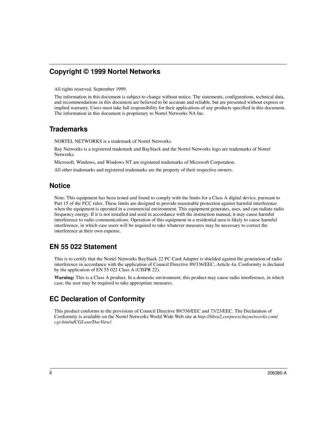 3Com 206380-A manual Copyright 1999 Nortel Networks, Trademarks, EN 55 022 Statement, EC Declaration of Conformity 