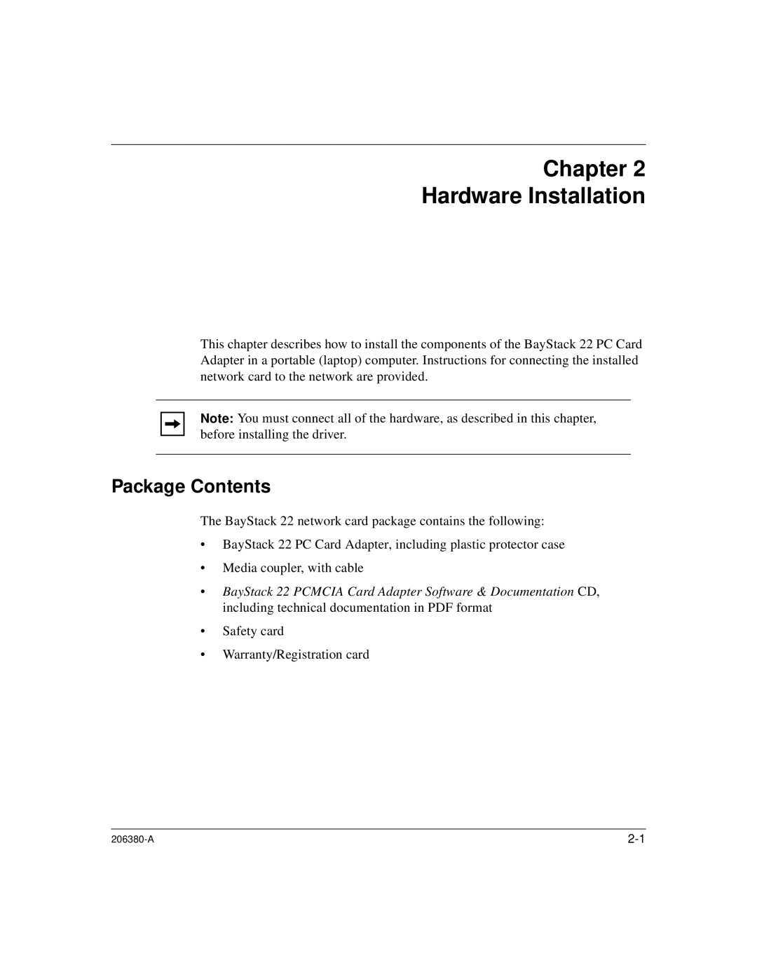 3Com 206380-A manual Chapter Hardware Installation, Package Contents 