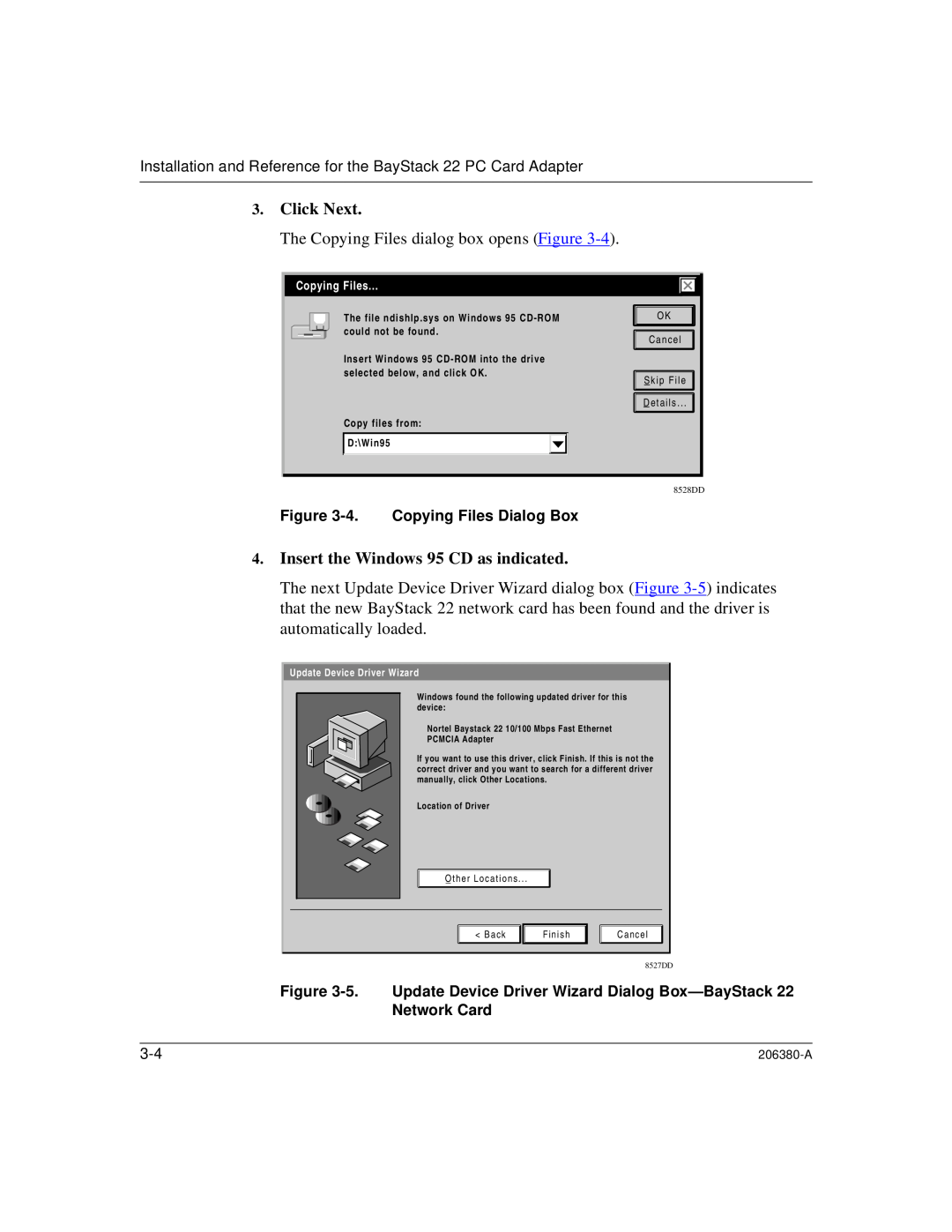 3Com 206380-A Click Next, Insert the Windows 95 CD as indicated, 4.Copying Files Dialog Box, Update Device Driver Wizard 
