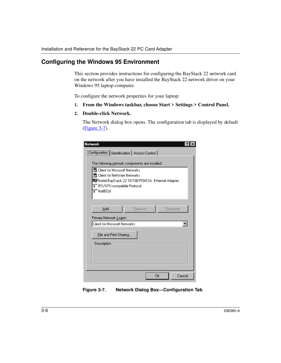 3Com 206380-A manual Configuring the Windows 95 Environment, Double-clickNetwork 