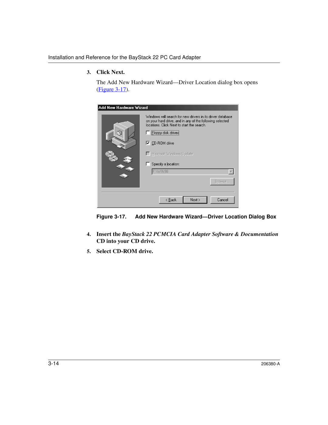3Com 206380-A manual Click Next, Select CD-ROMdrive, 3-14 
