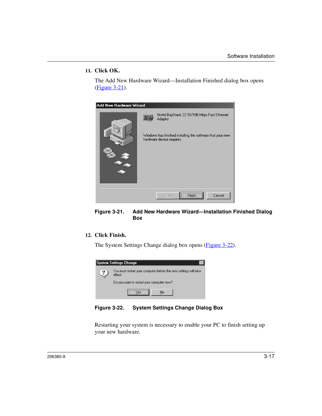 3Com 206380-A manual Click OK, Click Finish, 22.System Settings Change Dialog Box 