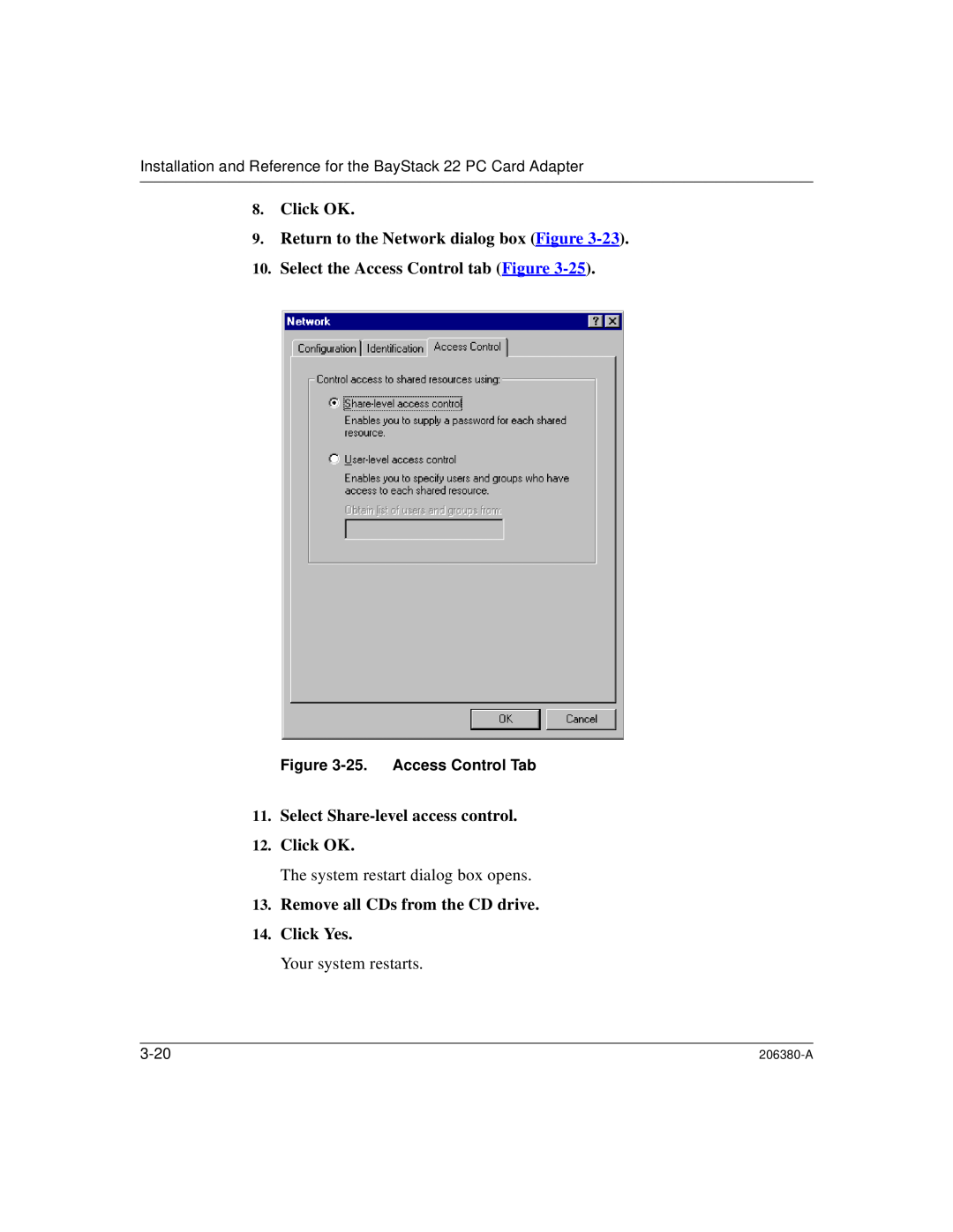 3Com 206380-A manual Click OK, Return to the Network dialog box Figure, Select the Access Control tab Figure, 3-20 