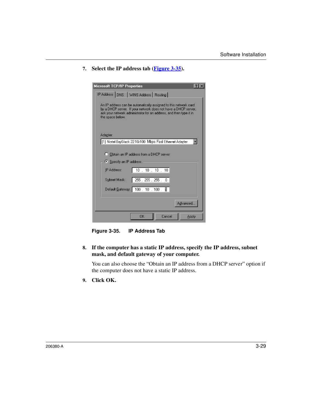 3Com 206380-A manual Select the IP address tab Figure, Click OK, Software Installation, 35.IP Address Tab, 3-29 