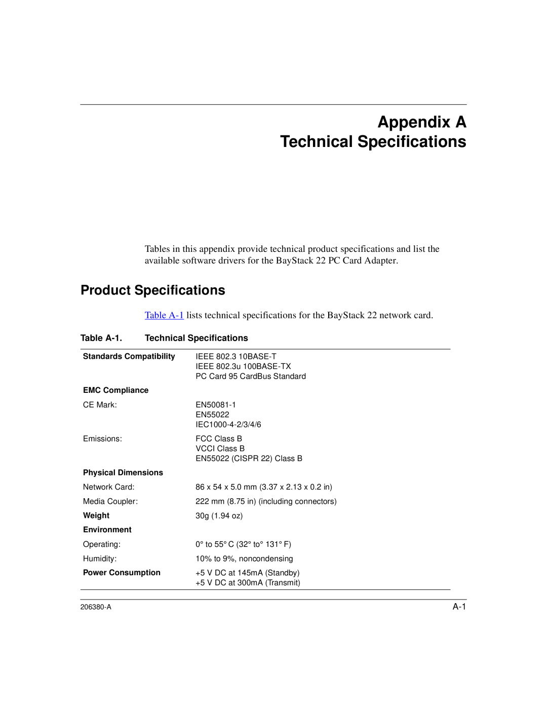 3Com 206380-A manual Appendix A Technical Specifications, Product Specifications 