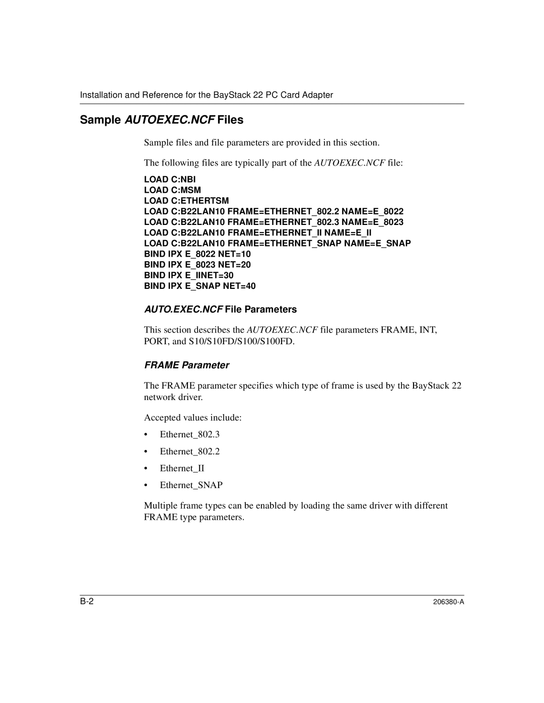 3Com 206380-A manual Sample AUTOEXEC.NCF Files, AUTO.EXEC.NCF File Parameters, FRAME Parameter 