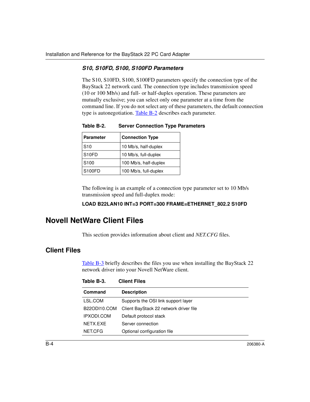 3Com 206380-A manual Novell NetWare Client Files, S10, S10FD, S100, S100FD Parameters 