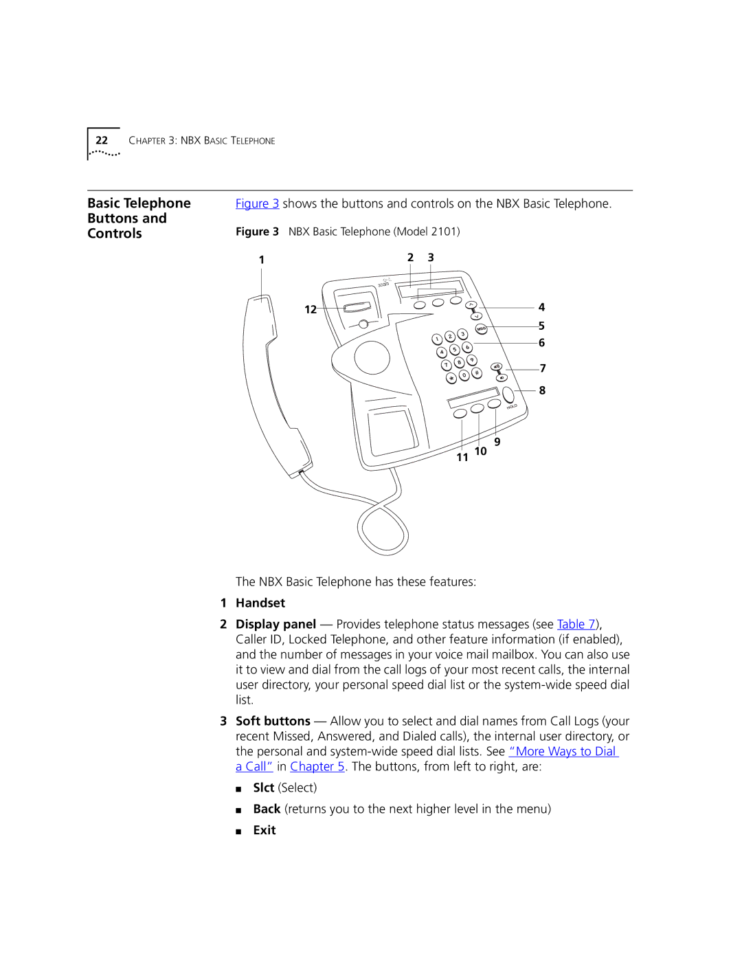 3Com 2101 manual Basic Telephone Buttons Controls, NBX Basic Telephone has these features, Exit 