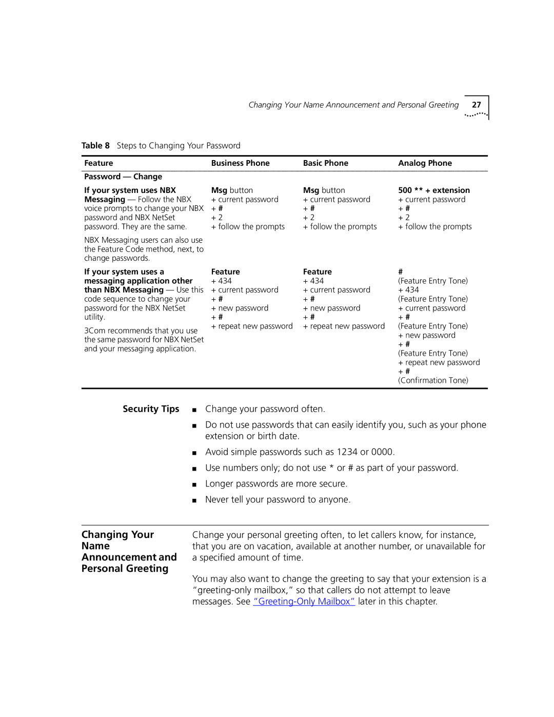 3Com 2101 manual Name, Personal Greeting, Security Tips, Announcement and a specified amount of time 