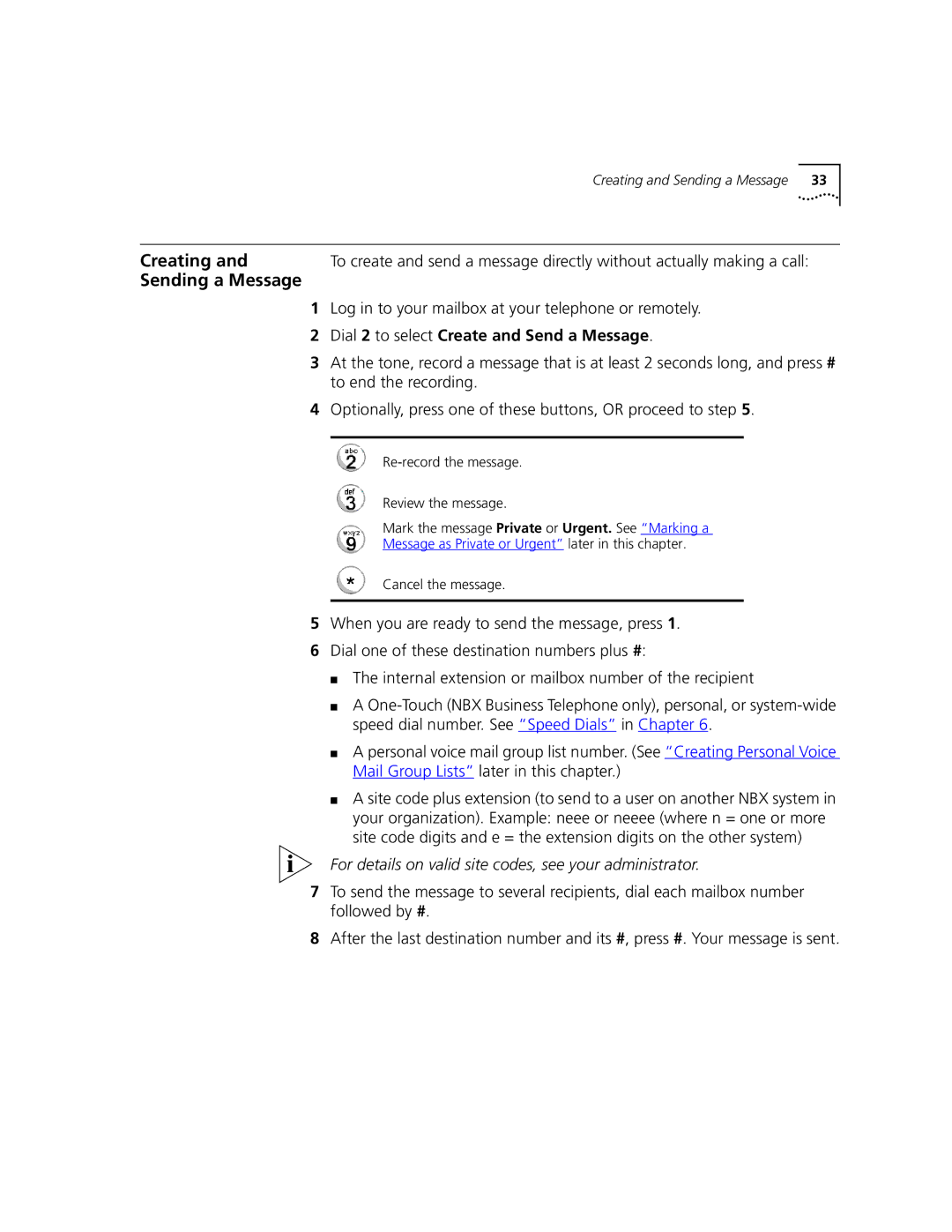 3Com 2101 manual Creating, Sending a Message, Dial 2 to select Create and Send a Message 