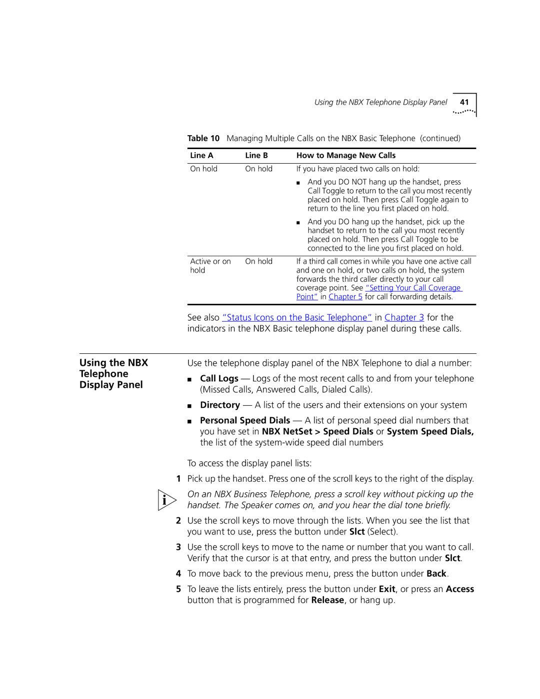 3Com 2101 manual Using the NBX Telephone Display Panel, Managing Multiple Calls on the NBX Basic Telephone 