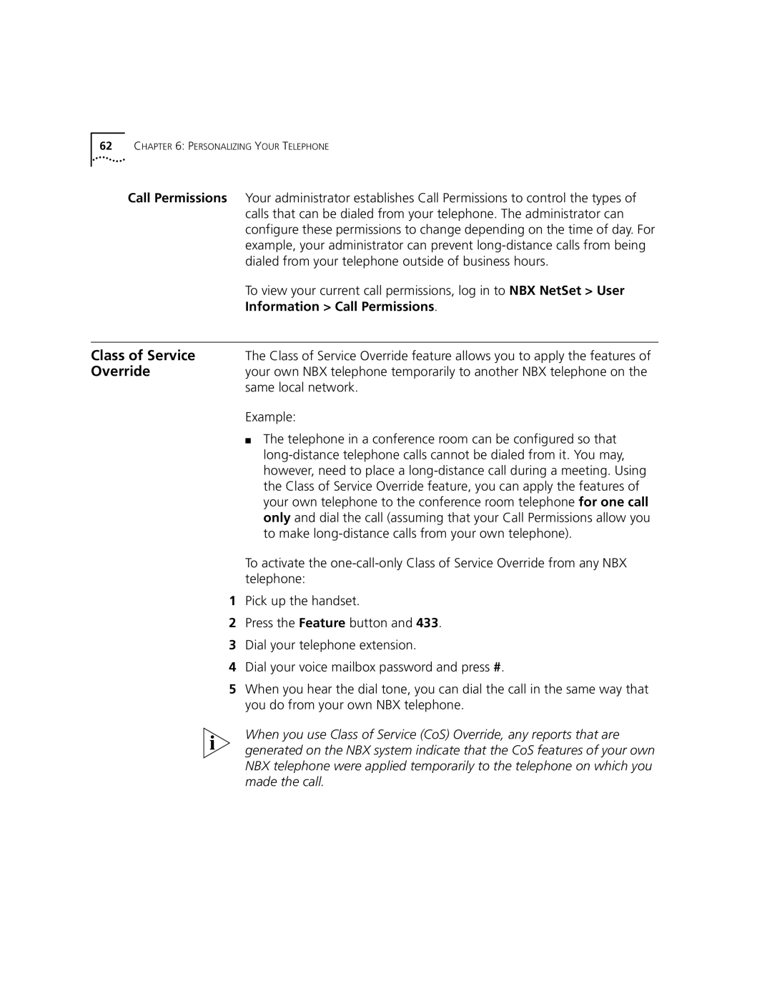 3Com 2101 manual Class of Service, Override, Information Call Permissions 