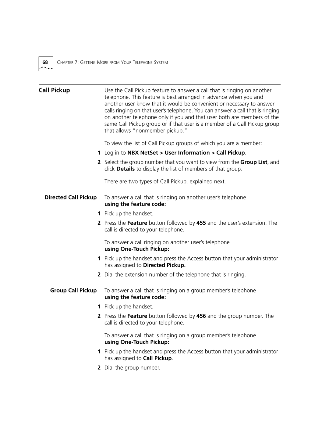 3Com 2101 manual That allows nonmember pickup, Log in to NBX NetSet User Information Call Pickup 