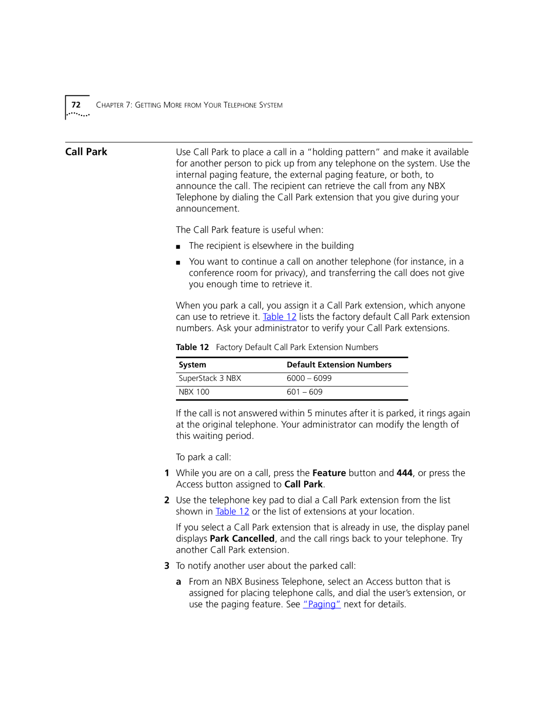 3Com 2101 manual Call Park, Announcement, System Default Extension Numbers 