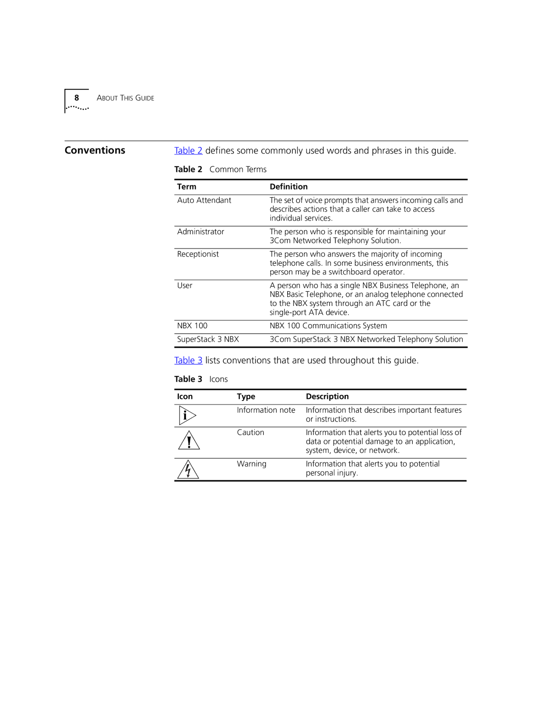 3Com 2101 manual Conventions, Lists conventions that are used throughout this guide, Icons 