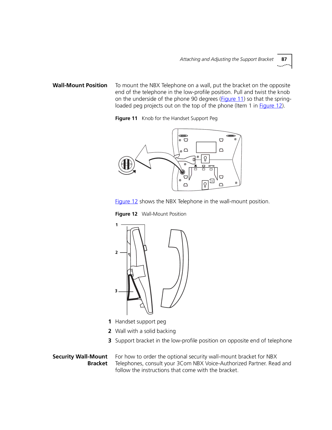 3Com 2101 manual Shows the NBX Telephone in the wall-mount position, Knob for the Handset Support Peg 