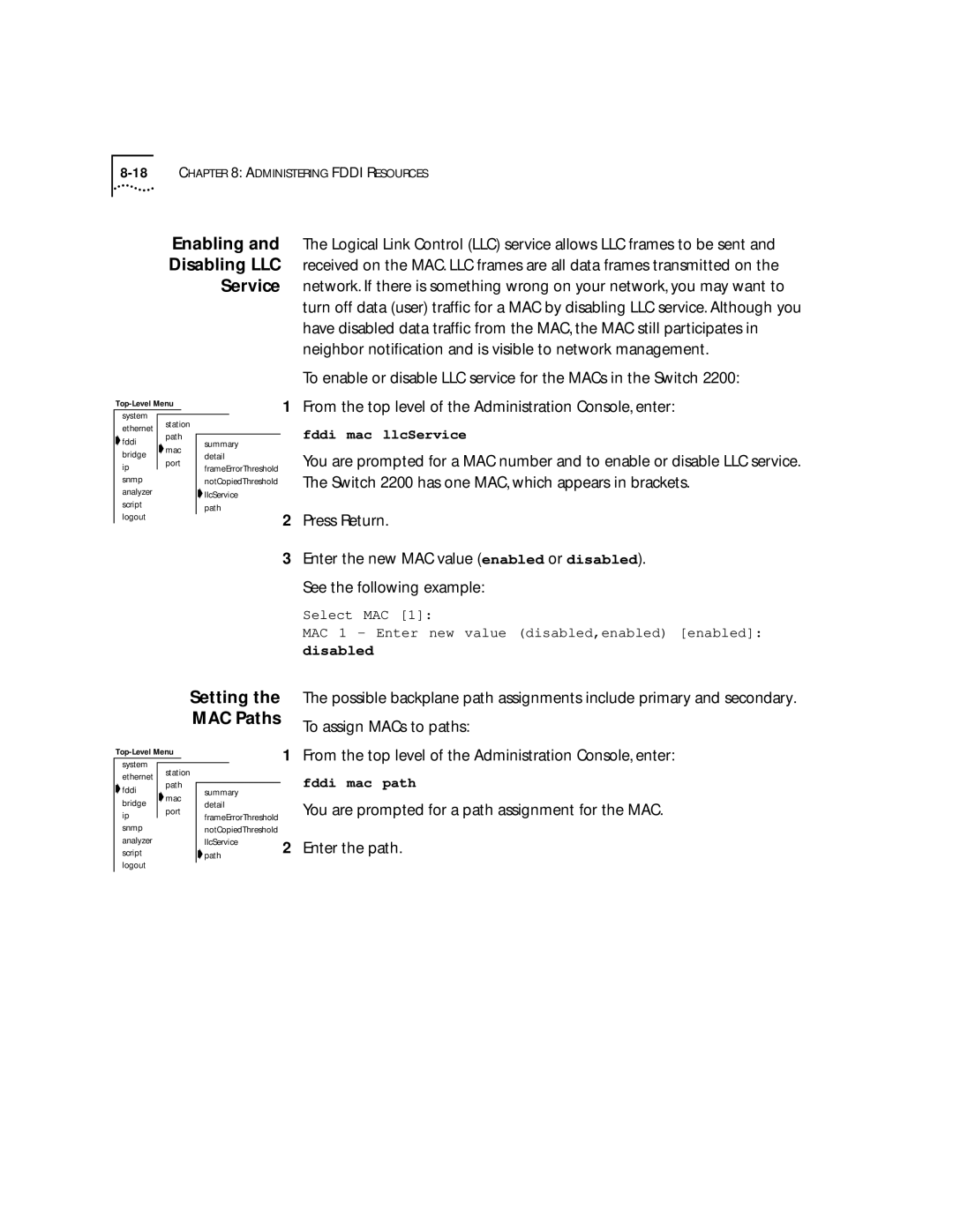 3Com 2200 manual Enabling Disabling LLC Service, Setting MAC Paths 